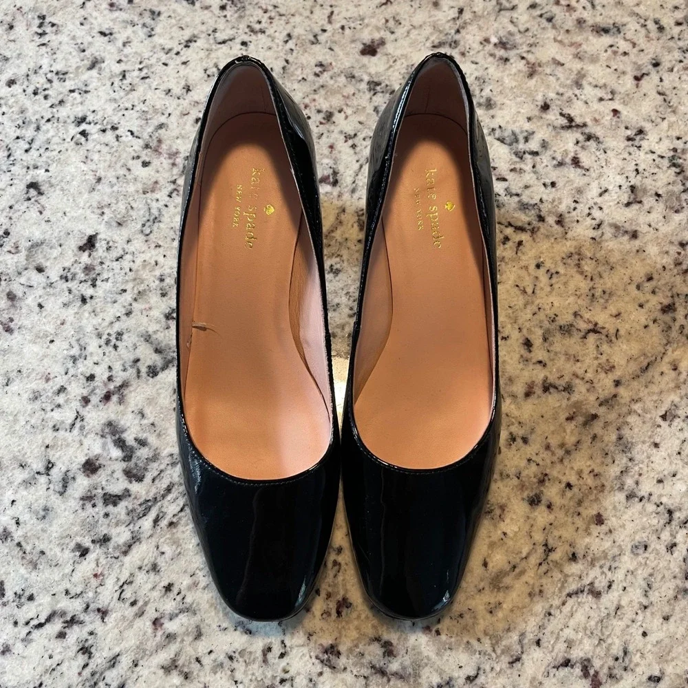 Kate Spade‎ Pumps Womens 8.5 Black Patent Leather Glitter Block Heel Almond Toe